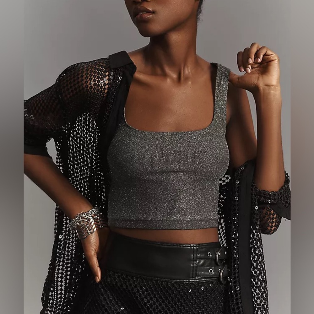 ANTHROPOLOGIE Hannah Seamless Crop Tank Lurex Edition Shimmer Glitter Metallic
